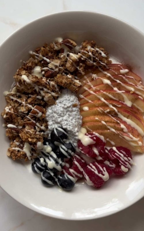 Apple Berry Chia Crunch Yogurt Bowl with White Chocolate